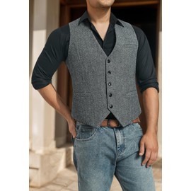 HISDERN Men's Suit Vest Herringbone Vest Wedding Men's Vest Formal Tweed Wool Vest Classic Basic Vests for Men, gray