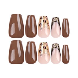 MISUD Press on Nails Medium Coffin Fake Nails Glossy Glue on Nails Fall Brown Acrylic Nails Ballerina Artificial Nails Bling Glitter Stick on False Nails with Leopard Design 24 pcs