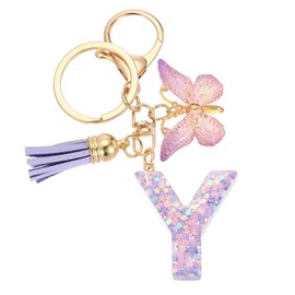 uxcell Initial Letter Keychains, Resin Cute Butterfly Tassel Pendant Accessory for Women, Alphabet Key Ring for Purse Handbags Backpack, Purple-Y