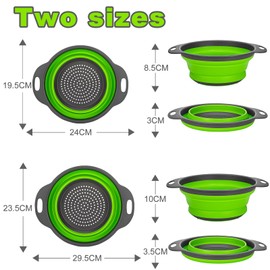 Collapsible Silicone Colanders For Easy Storage,Round Kitchen Strainer Set with Plastic Handles,Perfect for Draining Pasta, Noodles, Veggies and Fruits (2 pack green)