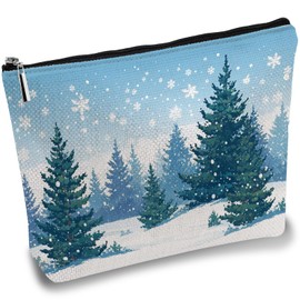 CREATCABIN Christmas Make Up Bag with Forest Snow Motif Cosmetic Bag Canvas Multi-Purpose Pen Case with Zip Toiletry Bag Travel Bag Purse Bag Portable Survival Kit 25 x 18 cm, christmas forest