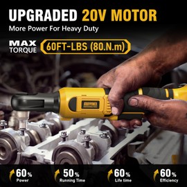 3/8" Cordless Ratchet Wrench Set, 60FT-LBS(80N.m) Electric Ratchet, 2 X 20V Chargeable Power Ratchet Wrench Set with Variable Speed, LED Light, 6 Sockets, 1/4" Adapter, 3" Extension Rod