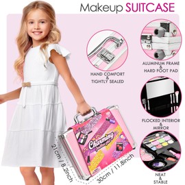 Golray Teen Makeup Kit for Girls Ages 8-12, Starter Full Make up Set With Train Case / 4 Eyeshadow Pallets/Blush/Nail Polish/Lipstick/Brush, Kid Birthday Gift Beauty Toy for Girl 9 10 11 12 Years