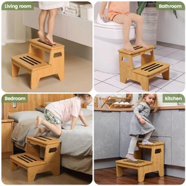 Wooden Step Stools, Heavy Duty Bamboo 2-Step Stepping Stools, 250lbs Load Capacity, DIY Non-Slip Surface and Handles, for High Bed, Bathroom, Toilet, Kitchen, RV, Natural