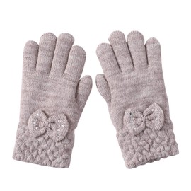 Arisana Kids' Knitted Gloves, Girls, Five-Fingered, Juniors, Fleece-Lined, Solid Colors, Bows, E. Light Brown