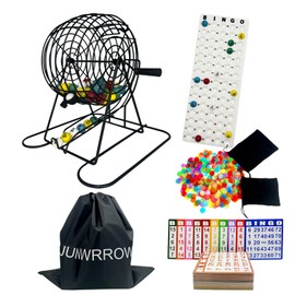 JUNWRROW Jumbo Bingo Game Set with 11" Wheel Cage,1000 Colorful Chips with a Bag,100 Mixed Cards,75 Calling Balls with a Bag& Bingo Master Board,Bingo Storage Bag -Ideal for Large Group