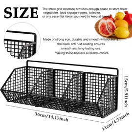 DXQCHDUO Metal Hanging Fruit Basket for Kitchen Wall, 3 Grids, Metal Wire Fruit and Vegetable Baskets, Bathroom Wall Storage Basket, Rust Resistant, Sturdy Fruit and Vegetable Baskets (Black)