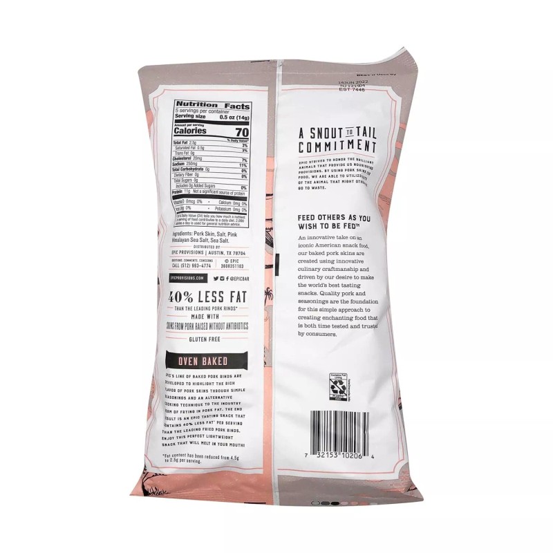 Epic International Oven Baked Pork Rinds Pink Himalayan Sea Salt