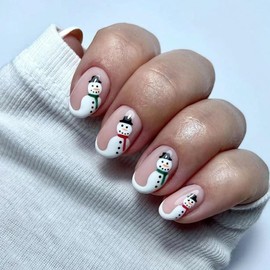 Snowman Press on Nails Christmas Fake Nails Almond Artificial Nails Short Acrylic Nails Winter False Nails Full Cover Glossy Stick on Nails Red Green Snowman Glue on Nails for Women Girls Manicure