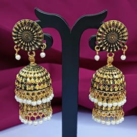 Efulgenz Gold Tone Indian Jewelry for Women Stylish Earring Set Indian Gold Tone Oxidized Faux Pearl Double Layer Jhumka Jhumki Earrings Indian Bridal Jewelry for Wedding Fashion Jewelry, Metal Copper, not known