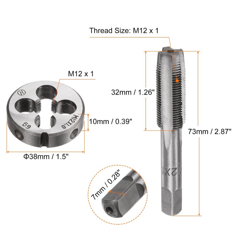 sourcing map 3pcs Metric Hand Tap & Die Set, M12