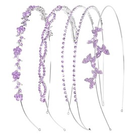 Wecoe 4 Pcs Purple Rhinestone Headband Flower Girl Bridal Wedding Headband Crystal Headpiece Flower Leaf Butterfly Metal Hairband Hair Accessories for Women Girls Gifts