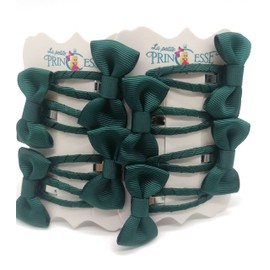 Set 8 Pcs HAIR BOWS HAIR CLIPS GIRLS CLIPS SCHOOL RIBBON SLIDES Hair ACCESSORY (Bottle Green)