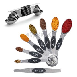 MAKREL® 8 Piece Magnetic Stackable Measuring Spoon Set Stainless Steel Dual Sided Teaspoons and Tablespoons for Dry and Liquid Ingredients