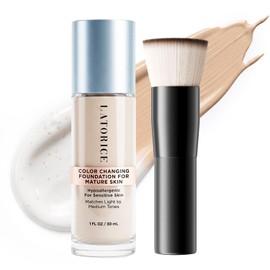 Color Changing Foundation for Mature Skin: No Settling, Buildable Coverage, 12-Hour Hydration & Wear, Light to Medium Tones, Fragrance-Free, with Brush - 1 FL OZ