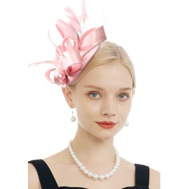 FELIZHOUSE Fascinator Hats for Women Girls Pets Hair Clip Feather Cocktail Party Headband (Satin Pink)