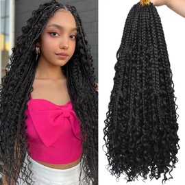 Samtress 24 Inch Goddess Box Braids Crochet Hair With Curly Ends 8 packs Bohomian Box Braids Crochet Hair Black Boho Box Braids Synthetic Braiding Hair Extension for Women (#1B)