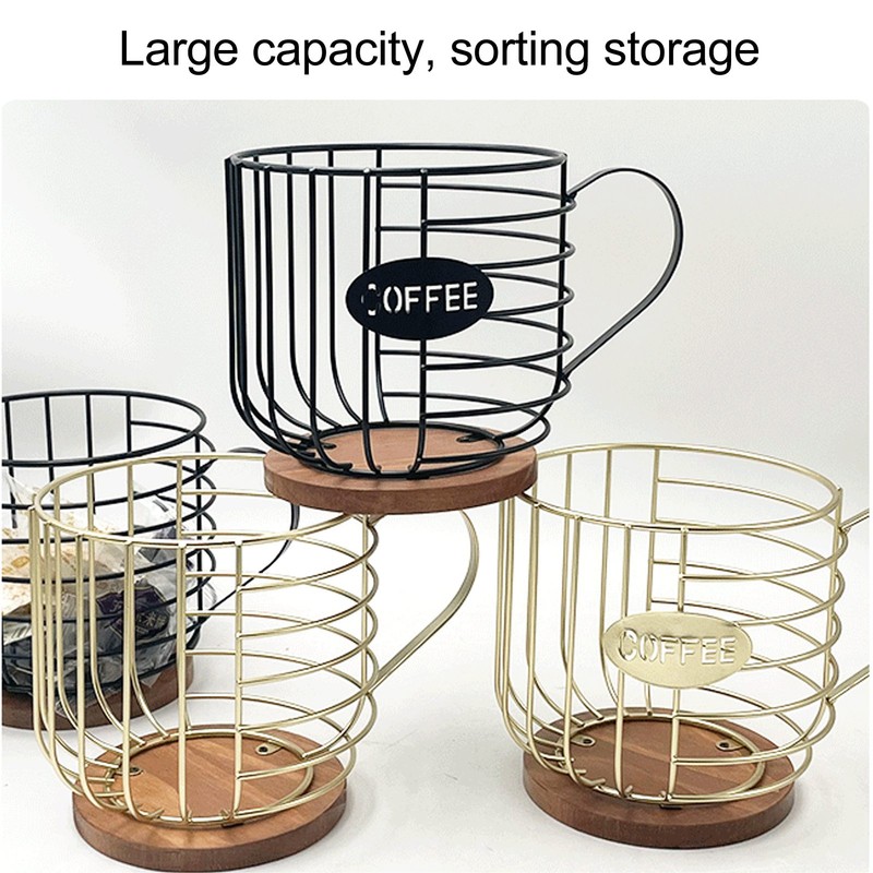 Coffee Pod Holder Iron Large Capacity Space Saving Wooden Base