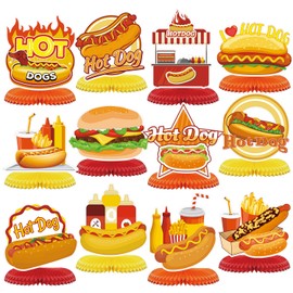 12 PCS Hot Dog Honeycomb Centerpieces Hot Dog Birthday Party Decorations Supplies Fast Food Hot Dog Table Centerpieces Decorations for Birthday Baby Shower