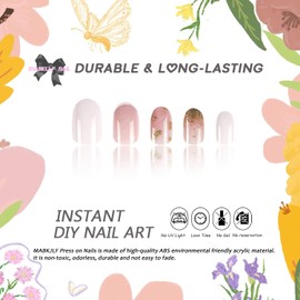 Press on Nails Short Almond French Tip Fake Nails Pink Marble Full Cover Gold Foil Glitter False Nails with Designs Glossy Glue on Nails White Acrylic Nails Artificial Nails for Women Girls 24Pcs