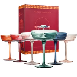 Khen Colored Vintage Art Deco Coupe Glasses - Martini, Cocktail & Champagne Glasses | Set of 6 | Pastel Muted Crystal Cocktail Glassware, Goblet Cocktails, Stemmed Ribbed Gift - Midway Ripple Set