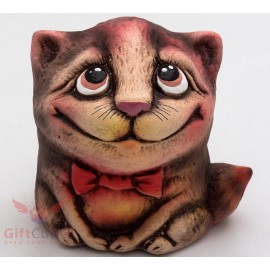Clay Grog figurine of Cat with bow-knot souvenir handmade hand-painted