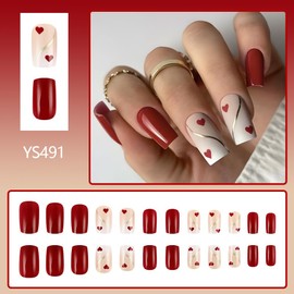 24Pcs Medium Press on Nails Square Fake Nails Red Hearts Gold Stripe Design Glue on Nails Glossy False Nail Tips Valentine’s Day Artificial Nails Cute Stick on Nails Finger Manicure for Women