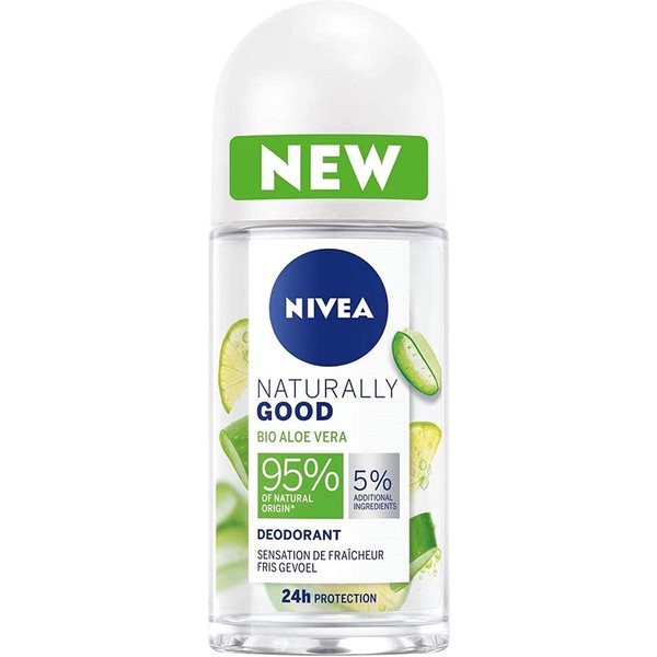 NIVEA Naturally Good Deodorant for Women Organic Aloe Vera Ball 50 ml, Deodorant with 95% Natural Ingredients 24 Hour Fresh Roll-On