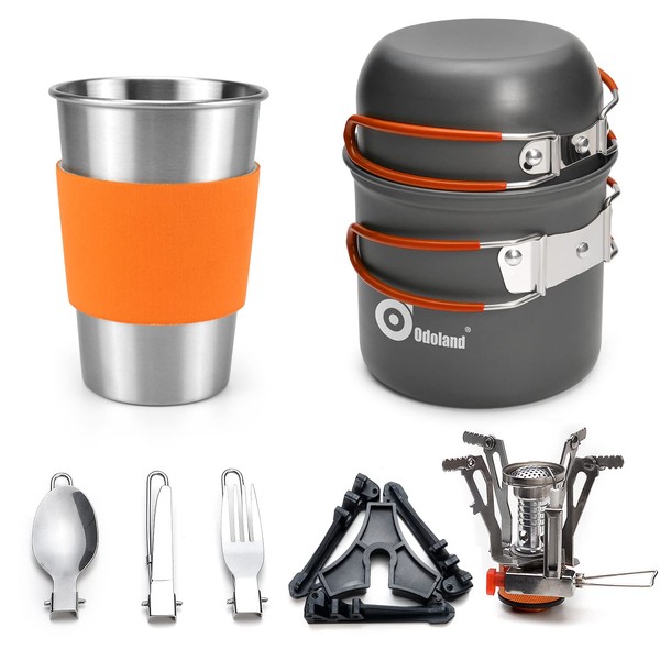 Odoland Camping Cookware Stove Carabiner Canister Stand Tripod and Stainless Steel Cup, Tank Bracket, Fork Spoon Kit for Backpacking, Outdoor Camping Hiking and Picnic,Orange
