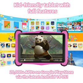 FIVAHIVA Kids Tablet, 7 inch Android 14 Tablet for Kids, 10GB+64GB (Expandable to 128GB), Octa-Core, Educational Games, Parental Control, iWawa, Wifi, 3000mAh, Pre-Installed Apps, with Shockproof Case