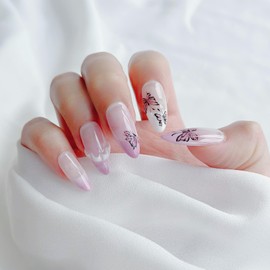 LARSOOY Nails Handmade Press on Nails Middle Oval | Handmade Nails with Purple Butterfly | Reusable fake Nails with French Tip Designs | False Nails 10 Pcs (Purple Temptation, S)