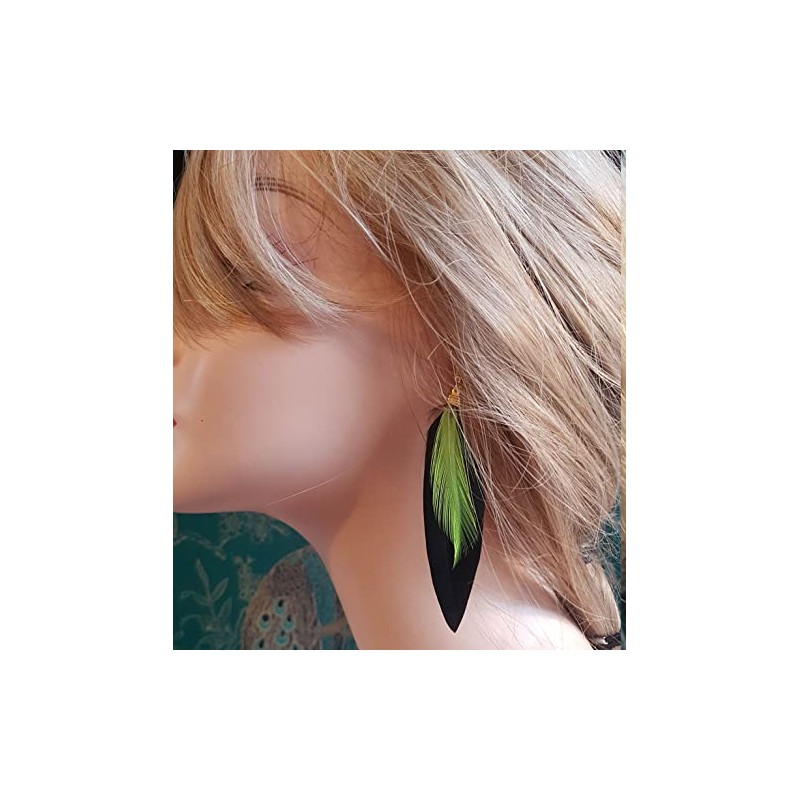 Black Feather Earrings with Lime Green Feather - Handmade