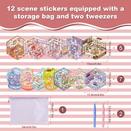 12 Sets 3D Scene Stickers for Kids Adults, DIY Sticker Therapy 3D Scenes, Cute House Stickers Relief Stress Pass The Time, Holiday Gifts for Woman Girl
