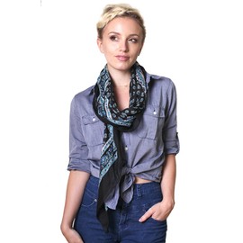 Anika Dali Women's Delicate Boho Black & Blue Floral Bandana Square Neck Scarf