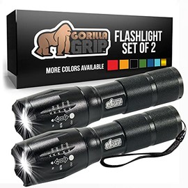 Gorilla Grip 2 Pack LED Tactical Handheld Flashlight, High Lumens, Ultra Bright 5 Mode, Long Lasting Water Resistant, 750 FT Zoom Flashlights, Camping Accessory, Outdoor Camp Gear, Emergencies, Black