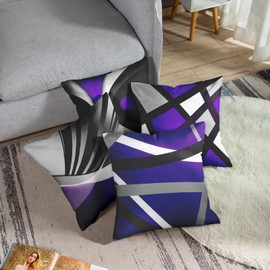 Emvency Set of 4 Purple Throw Pillow Covers Modern Abstract Black Grey Stripes Gray White Acrylic Bold Decorative Pillow Cases Home Decor Square 18x18 Inches Pillowcases