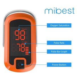 MIBEST Orange LED Finger Pulse Oximeter - Blood Oxygen Saturation Monitor - SPO2 Pulse Oximeter - Portable Oxygen Sensor with Included Batteries - O2 Saturation Monitor with Carry Pouch