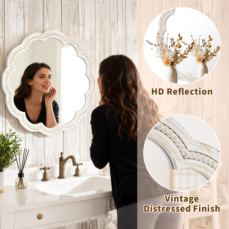UPPER DECOR 24 Inch Round Wall Mirror, Whitewashed Wooden Frame