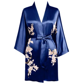 BABEYOND Women's Dressing Gown Floral Printed Summer Bathrobe Kimono Short Robe Lightweight Sleeping Gown Women's Satin Beach Dress, navy blue