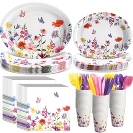 Singhoow 175 Pieces Flower Party Supplies Floral Party Tableware Set for 25 Guests Include Oval Dinner Plates Dessert Plates Napkins Paper Cups Plastic Forks Spoons Knives