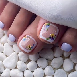 24Pcs White French Tip Toe Nail Press Ons Short Square Fake Toe Nails Summer Flowers False Toenails Full Cover Glossy Toe Nails Cute Purple Toenails For Pedicure Decorations