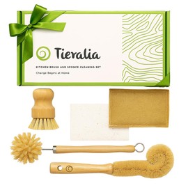 Tieralia Bamboo Dish Brush Gift Set – 5-Piece Kitchen Cleaning Set with Bottle Brush, Round Scrub Brush, Palm Brush & 2 Plant-Based Sponges | Wooden H