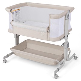 BABY JOY Bassinet, Bedside Crib w/ 6-Level Adjustable Height, Storage Shelf, Wheels, Mattress & Carry Bag for Safe Co-Sleeping, Folding Bassinet Bedside Sleeper for Newborn Infants (Beige)