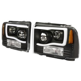 KUAFU LED Tube & Halogen Projector Headlights Compatible with 05-07 Ford Excursion F250 F350 F450 F550 Super Duty Driver & Passenger Side Pair Headlamp Assembly Black Housing and Clear Lens