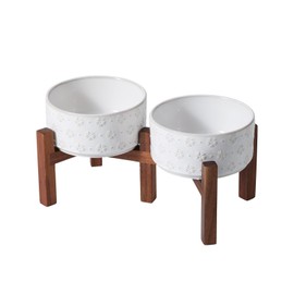 SPUNKYJUNKY Ceramic Dog Bowls Dog Bowl Set with Acacia Wood Stand Raised Dog Bowl Dog Food and Water Bowl for Small Medium Sized Dog (Deep, 15.5cm)