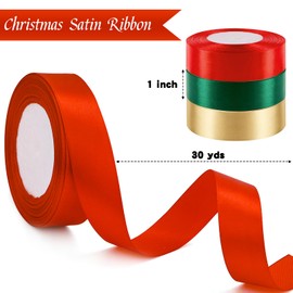 3 Rolls 90 Yard Christmas Satin Ribbon, 1 Inch Wide Double Faced Polyester Red Green Gold Ribbon for Gift Wrapping, Crafts, Wedding, Bow Making, Christmas Tree Decoration(Red, Green, Gold)