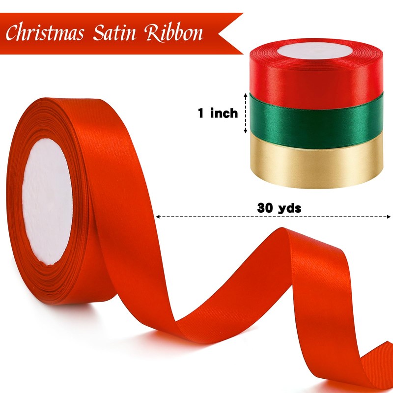 3 Rolls 90 Yard Christmas Satin Ribbon, 1 Inch Wide
