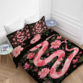 Lovira Cute Pink Snake 3D Floral Print 3 Pieces Bedding Comforter Set with 2 Pillowcase Twin Size Duvet Cover Bed Sheet Quilt Stuff Bedroom Decor for Lover Adults Kids Boys Girls