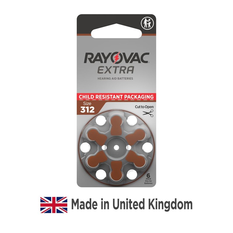 Rayovac Extra hearing aid batteries size 312. Long-lasting mercury-free zinc-air