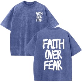 Christian Men's Vintage Oversized Acid Wash Religious T-Shirt with Jesus & God GraphicsColor: Blue-faith over fear, Size: Xl